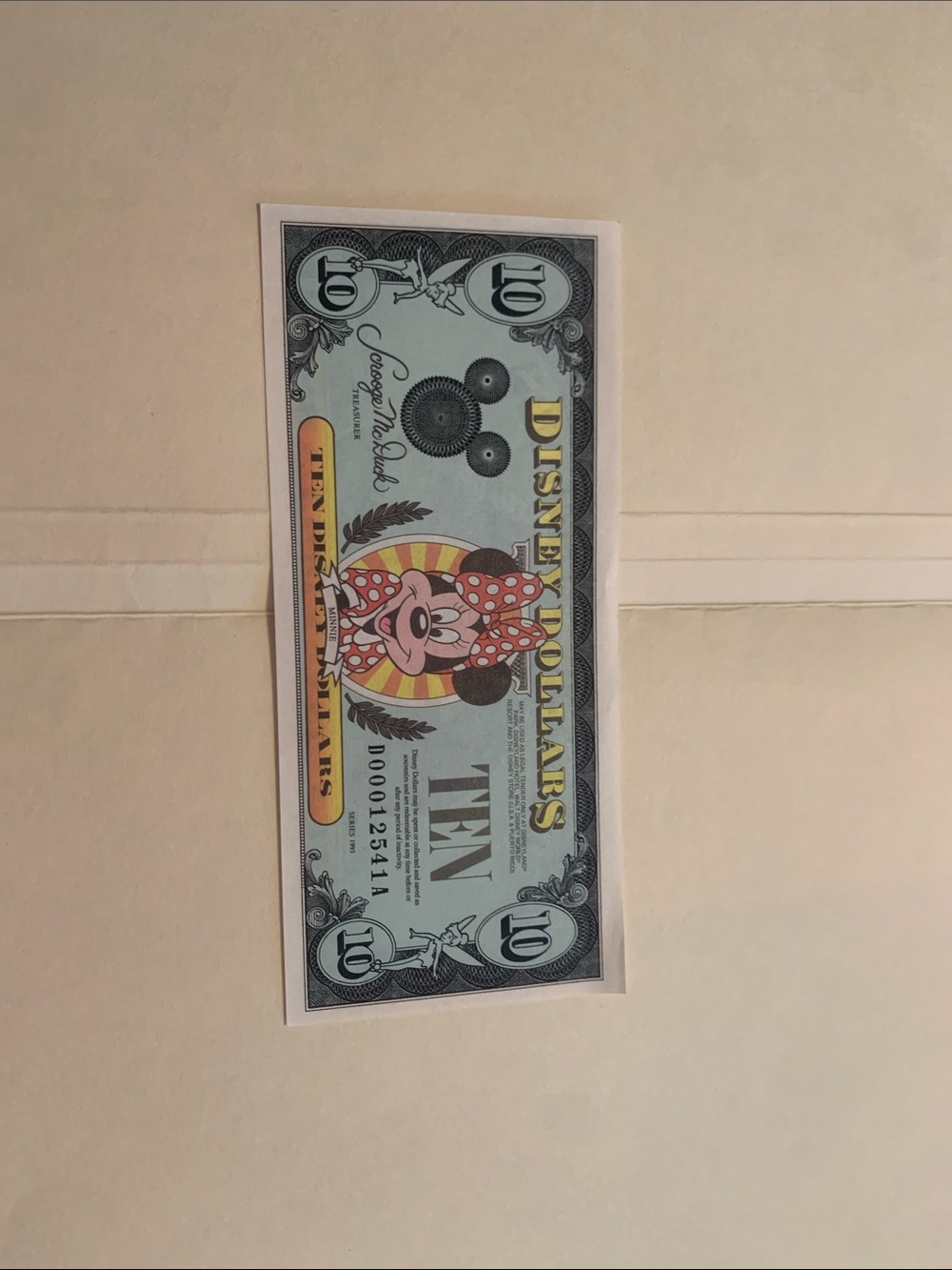 Disney Ten Dollar Collectible Bill with Minnie Mouse - Light Blue, Pink, Yellow